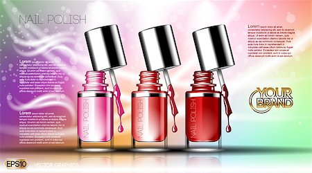 Digital vector transparent nail polish set container mockup, silver cup, open lid and color blot, with your brand, ready for print ads or magazine design. Glossy and shine, realistic 3d style Stock Photo - Budget Royalty-Free & Subscription, Code: 400-08834202