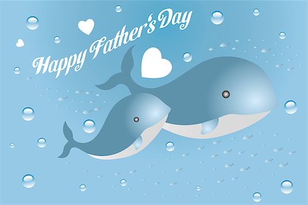 Cute card for Fathers day with father and son of whales swimming together in the ocean with swarms of little fishes, hearts and bubbles Stock Photo - Budget Royalty-Free & Subscription, Code: 400-08834318