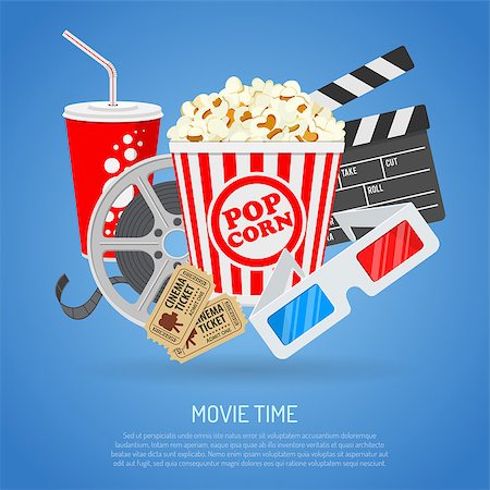 simsearch:400-07331251,k - Cinema and Movie time flat icons with film reel, popcorn, paper cup, 3d glasses, clapperboard, isolated vector illustration Stock Photo - Budget Royalty-Free & Subscription, Code: 400-08834313