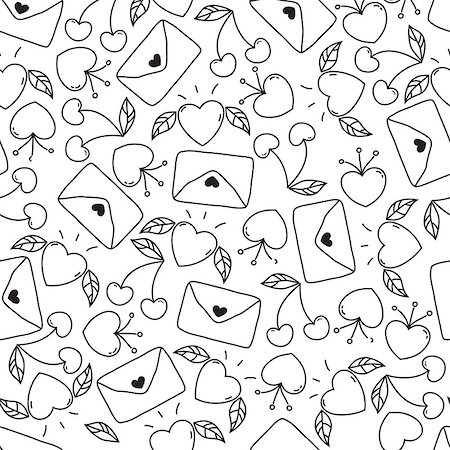 flowers sketch for coloring - doodle seamless Valentine's day pattern isolated on white background. vector background with hearts,leaves,cherry,envelopes. Stock Photo - Budget Royalty-Free & Subscription, Code: 400-08834324