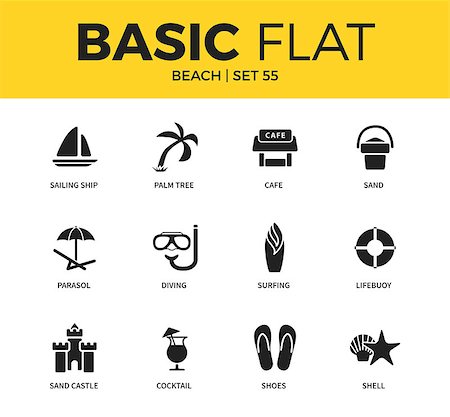 simsearch:400-08337834,k - Basic set of diving equipment, surfing equipment and cocktail form icons. Modern flat pictogram collection. Vector material design concept, web symbols and logo concept. Foto de stock - Royalty-Free Super Valor e Assinatura, Número: 400-08834457