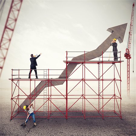 simsearch:400-08668627,k - Teamwork builds an arrow uphill under construction. Build a business success. Mixed media Stock Photo - Budget Royalty-Free & Subscription, Code: 400-08834494