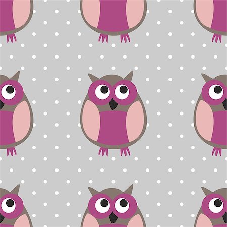 Tile vector pattern with owls on grey and polka dots background for seamless decoration wallpaper Stock Photo - Budget Royalty-Free & Subscription, Code: 400-08834524