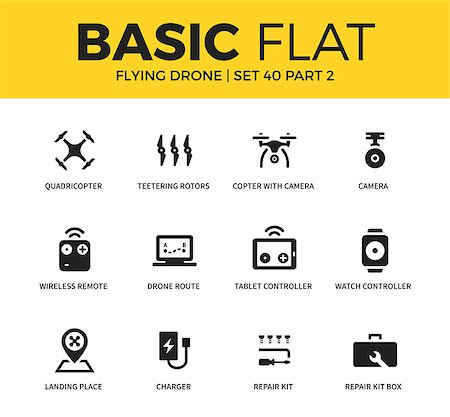 Basic set of wireless remote, landing place and repair kit icons. Modern flat pictogram collection. Vector material design concept, web symbols and logo concept. Stock Photo - Budget Royalty-Free & Subscription, Code: 400-08834588