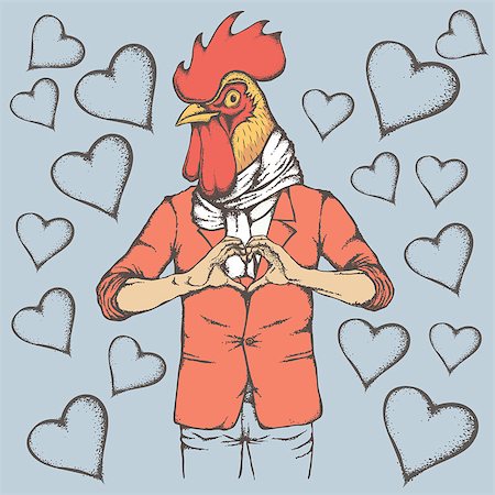 simsearch:400-09080795,k - Rooster Valentine day vector concept. Illustration of rooster head on human body. Chicken showing heart shape Stock Photo - Budget Royalty-Free & Subscription, Code: 400-08834706