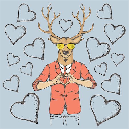simsearch:400-09080795,k - Deer Valentine day vector concept. Illustration of deer head on human body. Rein deer showing heart shape Stock Photo - Budget Royalty-Free & Subscription, Code: 400-08834708