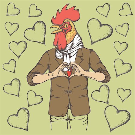 simsearch:400-09080795,k - Rooster Valentine day vector concept. Illustration of rooster head on human body. Chicken showing heart shape Stock Photo - Budget Royalty-Free & Subscription, Code: 400-08834709