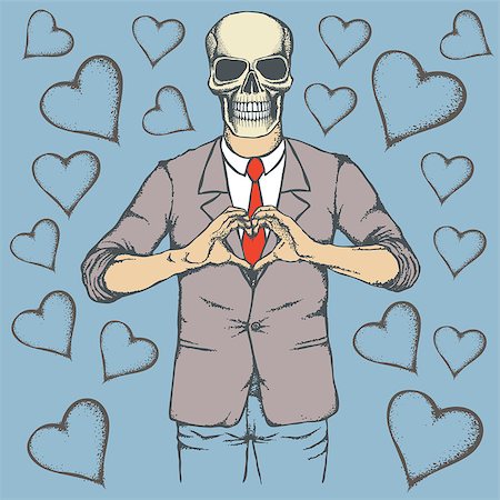 simsearch:400-09080674,k - Skull Valentine day vector concept. Illustration of scull head on human body. Skull showing heart shape Foto de stock - Super Valor sin royalties y Suscripción, Código: 400-08834711