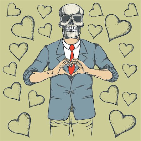 simsearch:400-09080674,k - Skull Valentine day vector concept. Illustration of scull head on human body. Skull showing heart shape Foto de stock - Super Valor sin royalties y Suscripción, Código: 400-08834712