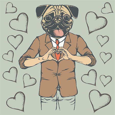 fashion dog cartoon - Dog Valentine day vector concept. Illustration of pug head on human body. Dog showing heart shape Stock Photo - Budget Royalty-Free & Subscription, Code: 400-08834713