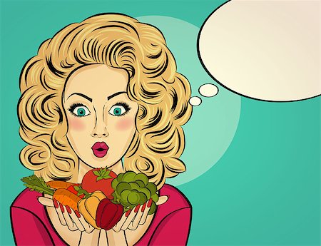 pop art of holding - Surprised pop art  woman that holds vegetables  in her hands . Comic woman with speech bubble and healty food Stock Photo - Budget Royalty-Free & Subscription, Code: 400-08834810