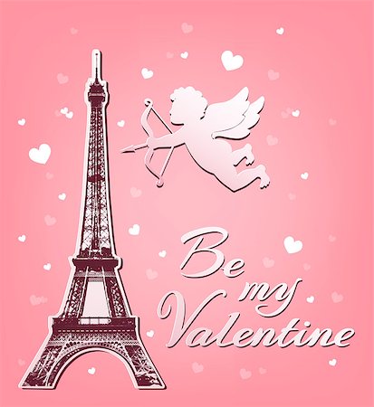 simsearch:400-08347146,k - Valentine's day greeting card with paper cupid and Eiffel Tower on a pink background Stock Photo - Budget Royalty-Free & Subscription, Code: 400-08835027