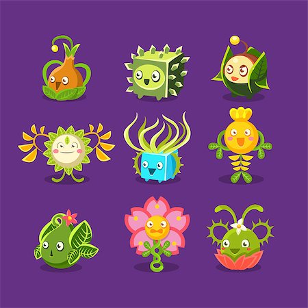 simsearch:400-08934242,k - Childish Alien Fantastic Alive Plants Emoji Characters Set Of Vector Fantasy Vegetation. Fantasy Creatures With Friendly Faces Bright Color Cartoon Illustrations. Stock Photo - Budget Royalty-Free & Subscription, Code: 400-08835064