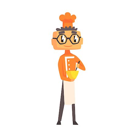 simsearch:400-07953213,k - Professional Cook In Glasses, Classic Double Breasted Orange Jacket And Toque Mixing Sauce In Bowl. Colorful Vector Chef Cartoon Character Cooking In Restaurant Kitchen Illustration. Foto de stock - Super Valor sin royalties y Suscripción, Código: 400-08835092