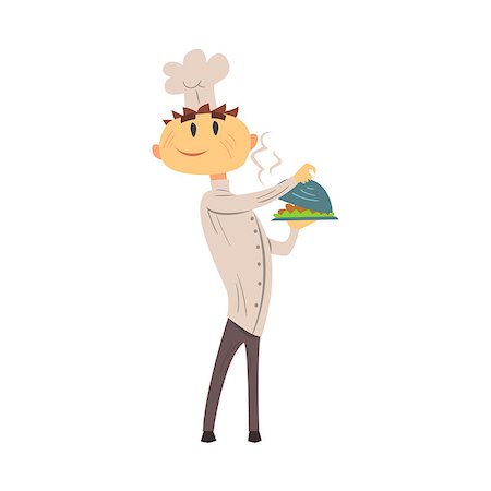 Professional Cook In Classic Double Breasted White Jacket And Toque With Hot Ready Dish. Colorful Vector Chef Cartoon Character Cooking In Restaurant Kitchen Illustration. Stock Photo - Budget Royalty-Free & Subscription, Code: 400-08835101