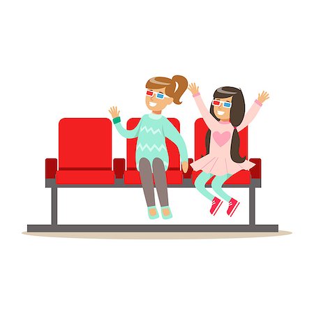 Two Girls Waiting Taking Seats In Cinema Room, Part Of Happy People In Movie Theatre Series. Vector Illustration With Cartoon Characters Indoors At The Movies Stock Photo - Budget Royalty-Free & Subscription, Code: 400-08835123