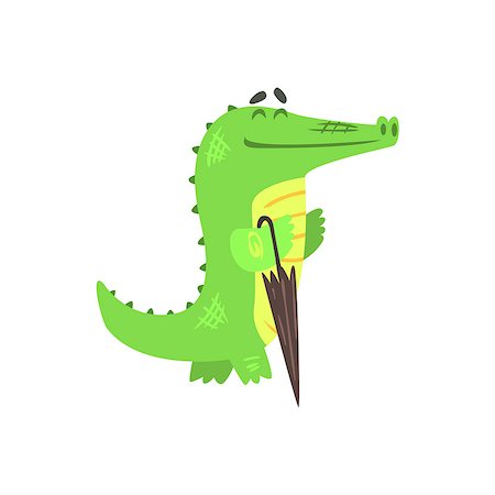 Crocodile Walkig With Closed Umbrella, Humanized Green Reptile Animal Character Every Day Activity, Part Of Flat Bright Color Isolated Funny Alligator In Different Situation Series Of Illustrations Stock Photo - Budget Royalty-Free & Subscription, Code: 400-08835139