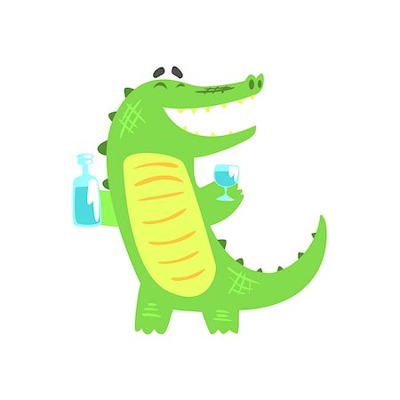Crocodile WIth Bottle And Glass Having A Drink, Humanized Green Reptile Animal Character Every Day Activity, Part Of Flat Bright Color Isolated Funny Alligator In Different Situation Series Of Illustrations Stock Photo - Budget Royalty-Free & Subscription, Code: 400-08835141