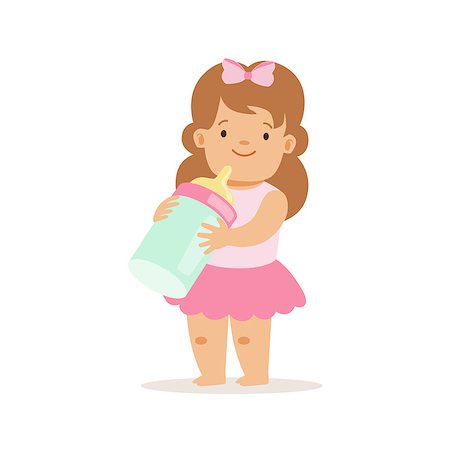 simsearch:400-08835171,k - Girl In Pink Skirt With Milk Bottle, Adorable Smiling Baby Cartoon Character Every Day Situation. Part Of Cute Infants And Toddlers Vector Illustration Series Photographie de stock - Aubaine LD & Abonnement, Code: 400-08835168