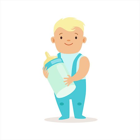 simsearch:400-08835171,k - Boy In Blue Pants Standing With Milk Bottle, Adorable Smiling Baby Cartoon Character Every Day Situation. Part Of Cute Infants And Toddlers Vector Illustration Series Photographie de stock - Aubaine LD & Abonnement, Code: 400-08835160