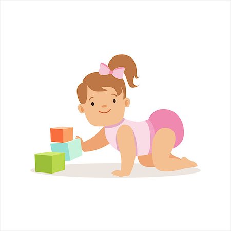 Girl In Nappy Playing With Blocks, Adorable Smiling Baby Cartoon Character Every Day Situation. Part Of Cute Infants And Toddlers Vector Illustration Series Photographie de stock - Aubaine LD & Abonnement, Code: 400-08835161