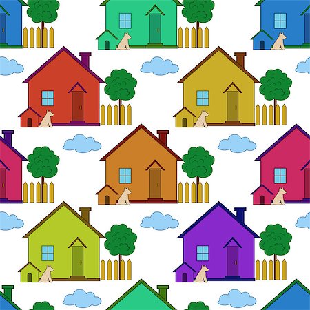Seamless Background with Colorful Small Cartoon Country Houses with Dog Kennel and Garden Tree, Isolated on White Background. Vector Stock Photo - Budget Royalty-Free & Subscription, Code: 400-08835292