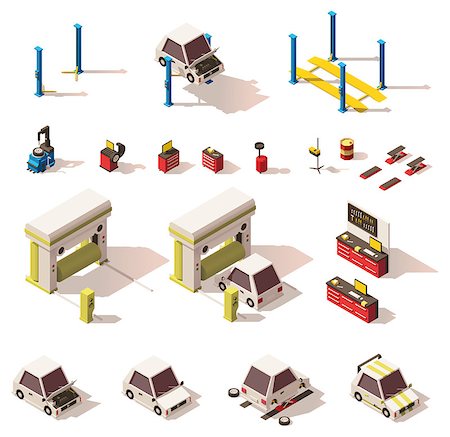 Vector isometric low poly car service equipment set. Includes tools, car lifts, automatic, carwash and other equipment Stock Photo - Budget Royalty-Free & Subscription, Code: 400-08835327