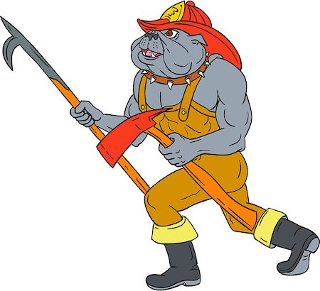 simsearch:400-08917792,k - Drawing sketch style illustration of a bulldog firefighter fireman holding pike poke and fire axe walking viewed from the side on isolated white background. Photographie de stock - Aubaine LD & Abonnement, Code: 400-08835387