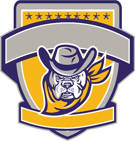 Illustration of a bulldog sheriff cowboy head facing front set inside shield crest with with stars and banner in the background. Foto de stock - Super Valor sin royalties y Suscripción, Código: 400-08835389