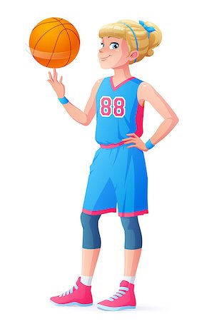 Cute young athlete girl in blue basketball uniform spinning the ball on her finger. Cartoon vector character isolated on white background. Stock Photo - Budget Royalty-Free & Subscription, Code: 400-08835556