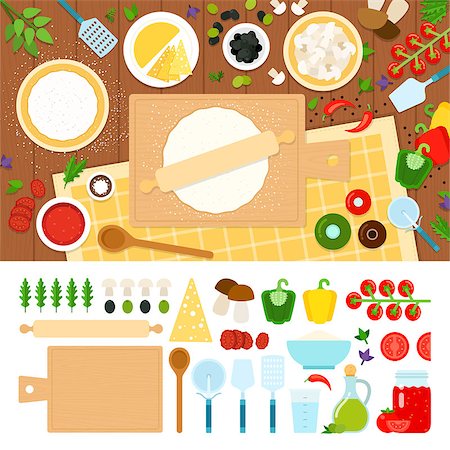 Pizza cocking and ingredients vector flat illustration. Set with board, dough, plunger, flour, cheese, sauce for website infographics and restaurant advertising. Isolated on white background. Stock Photo - Budget Royalty-Free & Subscription, Code: 400-08835753