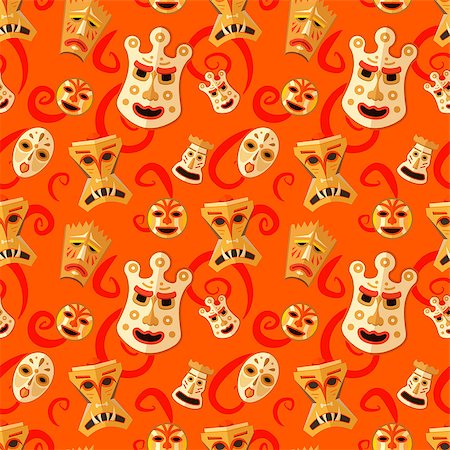 Different wooden voodoo masks on abstract red background seamless pattern Stock Photo - Budget Royalty-Free & Subscription, Code: 400-08835787