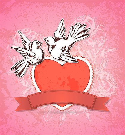 simsearch:400-07897102,k - Vintage hand drawn Valentine card with two white doves and red heart on a pink background Stock Photo - Budget Royalty-Free & Subscription, Code: 400-08835846