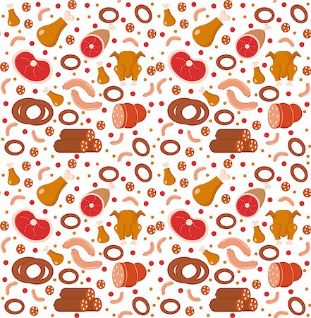 steak bacon - Meat products seamless pattern, flat style. Meats and sausage endless background, texture. Vector illustration. Photographie de stock - Aubaine LD & Abonnement, Code: 400-08835987