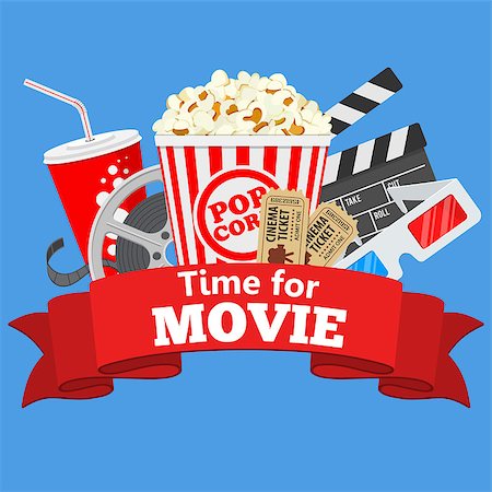 simsearch:400-08013198,k - Cinema and Movie time flat icons with film reel, popcorn, paper cup, 3d glasses, clapperboard and rubbon, isolated vector illustration Foto de stock - Super Valor sin royalties y Suscripción, Código: 400-08836016