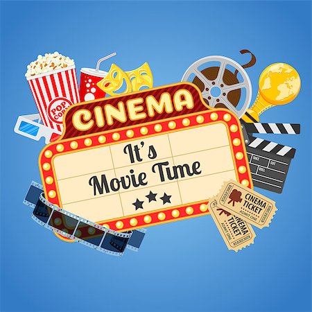simsearch:400-06171207,k - Cinema and Movie time concept with flat icons transparent film, popcorn, signboard, masks, award and tickets , isolated vector illustration Fotografie stock - Microstock e Abbonamento, Codice: 400-08836021