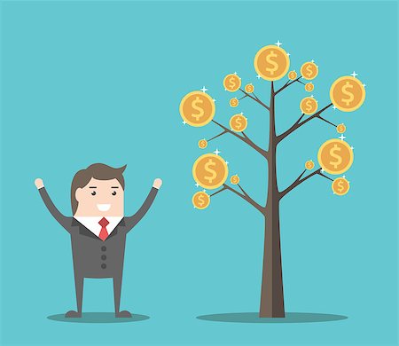 dollar sign with plants - Happy businessman near tree with gold dollar coins. Investment, income and achievement concept. Flat design. EPS 8 vector illustration, no transparency Stock Photo - Budget Royalty-Free & Subscription, Code: 400-08836319
