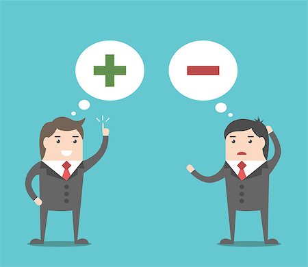 positive attitude cartoon - Two businessmen with green plus and red minus signs in speech bubbles. Positive and negative thinking concept. Flat design. EPS 8 vector illustration, no transparency Stock Photo - Budget Royalty-Free & Subscription, Code: 400-08836324