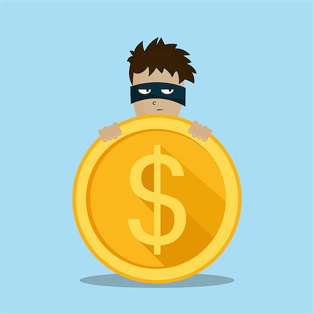 simsearch:400-08551381,k - Bad thief wear black suite and mask holding a bag of money in his hands. Flat Character design vector illustration Fotografie stock - Microstock e Abbonamento, Codice: 400-08836746