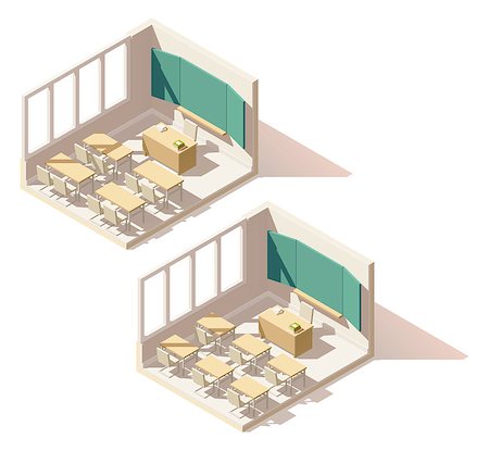 simsearch:700-02121517,k - Vector isometric low poly school classroom cutaway icon. Includes school desks, chairs and blackboard Stock Photo - Budget Royalty-Free & Subscription, Code: 400-08836755