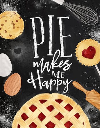 simsearch:400-08378379,k - Poster pie with illustrated cookie, egg, whisk, rolling pin in vintage style lettering pie makes me happy drawing on chalkboard background Stockbilder - Microstock & Abonnement, Bildnummer: 400-08836826
