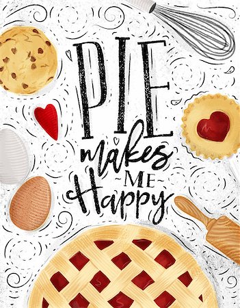 simsearch:400-08378379,k - Poster pie with illustrated cookie, egg, whisk, rolling pin in vintage style lettering pie makes me happy drawing on dirty paper background Stockbilder - Microstock & Abonnement, Bildnummer: 400-08836827