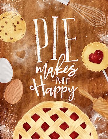 simsearch:400-08378379,k - Poster pie with illustrated cookie, egg, whisk, rolling pin in vintage style lettering pie makes me happy drawing on craft background Stockbilder - Microstock & Abonnement, Bildnummer: 400-08836828