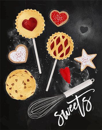 simsearch:400-08378379,k - Poster sweets with illustrated star, pie, cookie, egg, whisk, rolling pin in retro style lettering sweets drawing on chalkboard background Stockbilder - Microstock & Abonnement, Bildnummer: 400-08836835