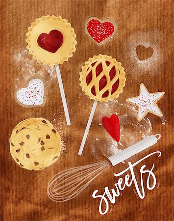 simsearch:400-08378379,k - Poster sweets with illustrated star, pie, cookie, egg, whisk, rolling pin in retro style lettering sweets drawing on craft background Stockbilder - Microstock & Abonnement, Bildnummer: 400-08836836