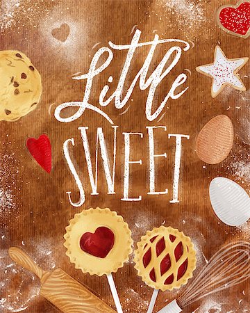 simsearch:400-08378379,k - Poster little sweets with illustrated cookie, egg, whisk, rolling pin in retro style lettering litle sweet drawing on craft background Stockbilder - Microstock & Abonnement, Bildnummer: 400-08836830