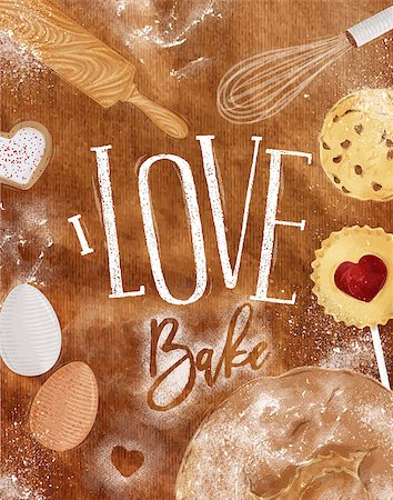 simsearch:400-08378379,k - Poster bakery with illustrated cookie, egg, whisk, rolling pin, bread in vintage style lettering I love bake drawing on craft background Stockbilder - Microstock & Abonnement, Bildnummer: 400-08836832