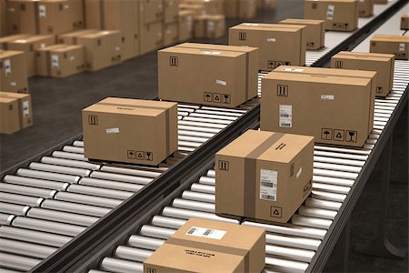 Closed cardboard boxes and wrapped with adhesive on conveyor roller. 3D Rendering  . 3D Rendering Fotografie stock - Microstock e Abbonamento, Codice: 400-08836854