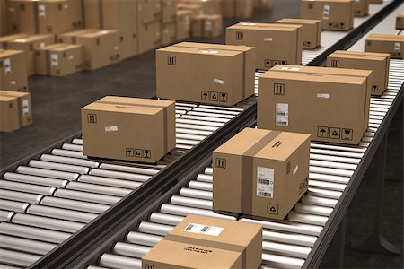 Closed cardboard boxes and wrapped with adhesive on conveyor roller. 3D Rendering  . 3D Rendering Foto de stock - Super Valor sin royalties y Suscripción, Código: 400-08836854