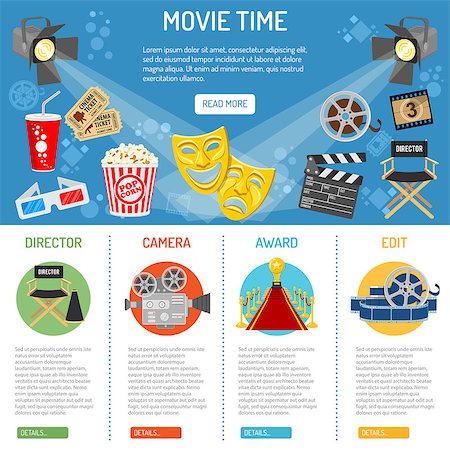 simsearch:400-07331251,k - Cinema and Movie time infographics with flat icons theater masks, popcorn, tickets, spotlights, award, vector illustration Stock Photo - Budget Royalty-Free & Subscription, Code: 400-08836884